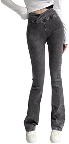 מכנסי ג'ינס תחתונים של פעמון רזה לנשים קרוסאובר מותניים גבוה