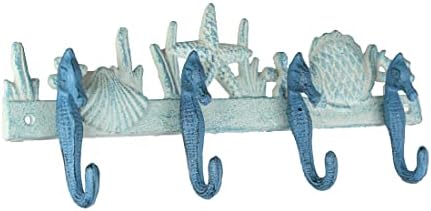 Zeckos כחול לבן יצוק ברזל ים ים קיר דקורטיבי וו חיי ים ימי תלייה מגבת או מתלה מעיל ביתי עיצוב מבטא חופי