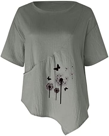 קיץ חולצות לנשים כותנה פשתן קצר שרוול כיס טי טרנדי שן הארי הדפסת צווארון עגול טוניקת חולצות חולצה