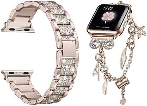 Secbolt Bling Band ו- Multi-Charm צמיד עבור Apple Watch 42 ממ 44 ממ IWatch SE Series 6/5/4/3/2/1, שמפניה