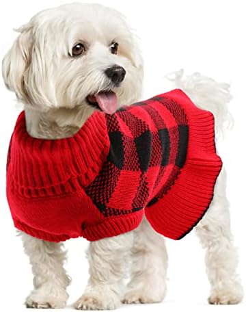 שמלת סוודר כלבים של Lelepet, צווארון גולף סכינים סכינים סריגים חמים כלבים שמלה לסתיו חורף דפוס משובץ