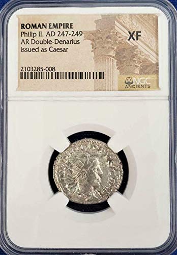 זה 247-249 לספירה רומא רומא העתיקה העתיקה פיליפ II מטבע כסף רומאי עתיק AR DEUBLE DENARIUS NGC עדין במיוחד