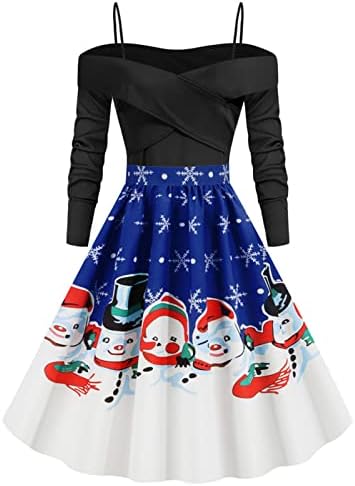 נשים כבוי כתף רטרו שמלת מסיבת חג המולד שמלות חמוד שלג הדפסת חג המולד קוקטייל ארוך שרוולים נדנדה שמלה