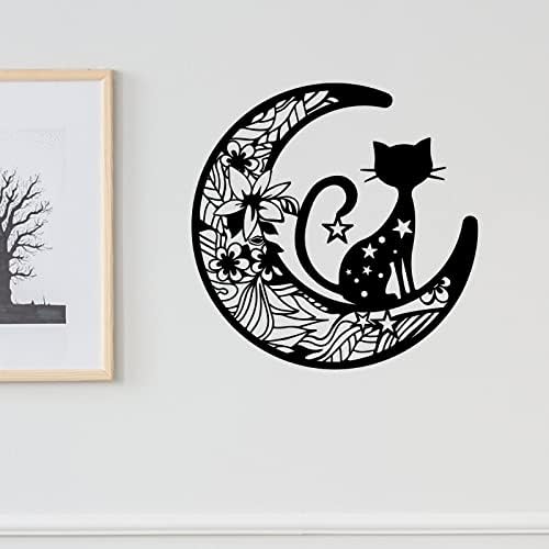 עיצוב קיר של חתול וירח שחור, תפאורה לאמנות קיר מתכת, פרחי חתול קיר תלוי לסלון בית חדר חווה בית חווה