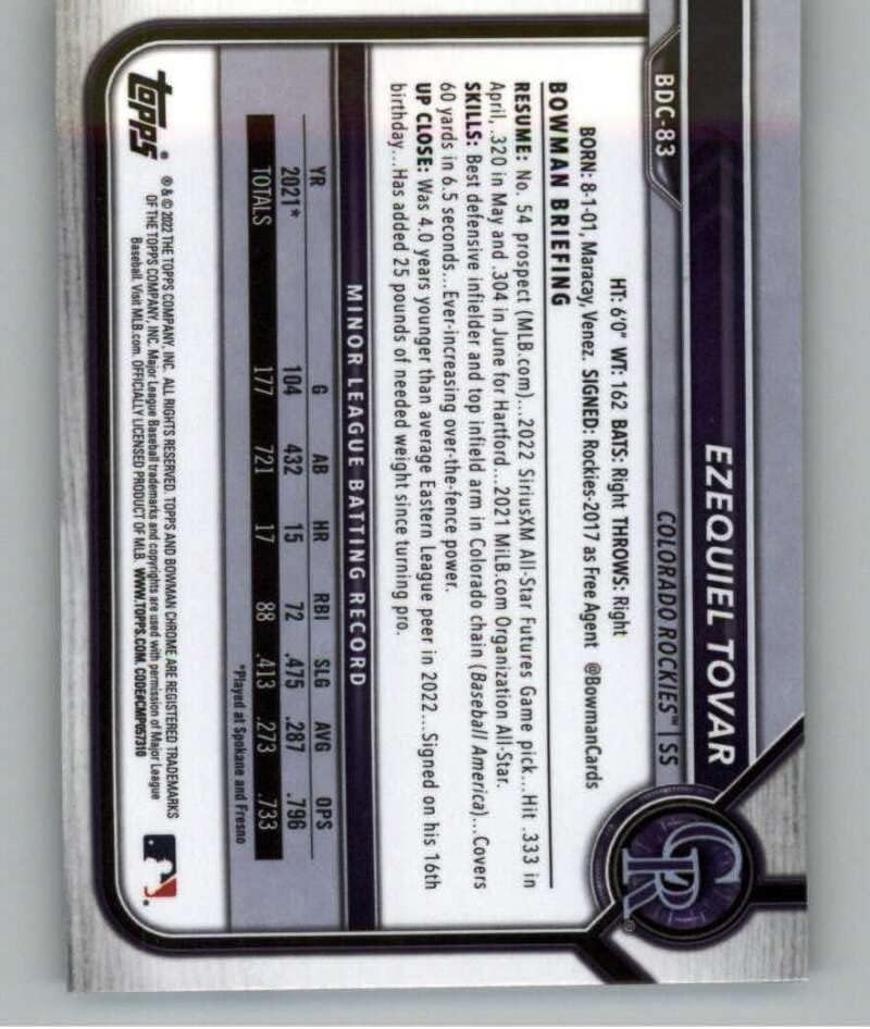 2022 דראפט כרום באומן BDC-83 Ezequiel Tovar Colorado Rockies RC טירון MLB כרטיס מסחר בייסבול