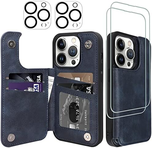 Vaks לאייפון 14 Pro מארז כרטיס ארנק אחורי עם 2 מגן מסך +2 מגן עדשת מצלמה + מסגרת מדריך, עור חסימת עור
