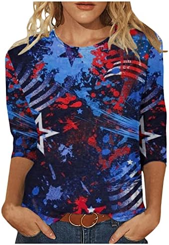 חולצות דגל אמריקאיות של נשים 4 ביולי חולצה פטריוטית ארהב כוכבים פסים 3/4 חולצת טריקו שרוול קיץ צוואר