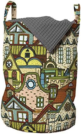 שק כביסה רטרו של אמבסון, עיר עתיקה מצוירת ביד בגוונים צבעוניים בניינים אירופיים בהשתתפות תמונת מקום