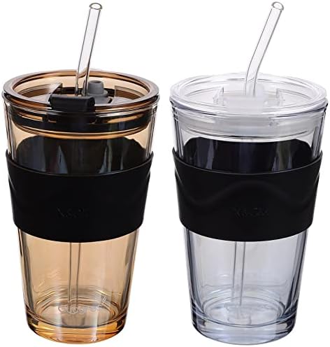2 יחידות כוסות זכוכית עם מכסים וקשיות כוסות מרובעות שתיית ספלי קפה עם ידית 450 מיליליטר למשקאות בירה