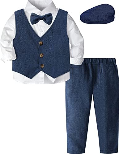 עיצוב A&J מעצב בנים בנים ג'נטלמן סט חליפות, 4 יחידות תלבושות חולצות ואפוד ומכנסיים כובע כומתות